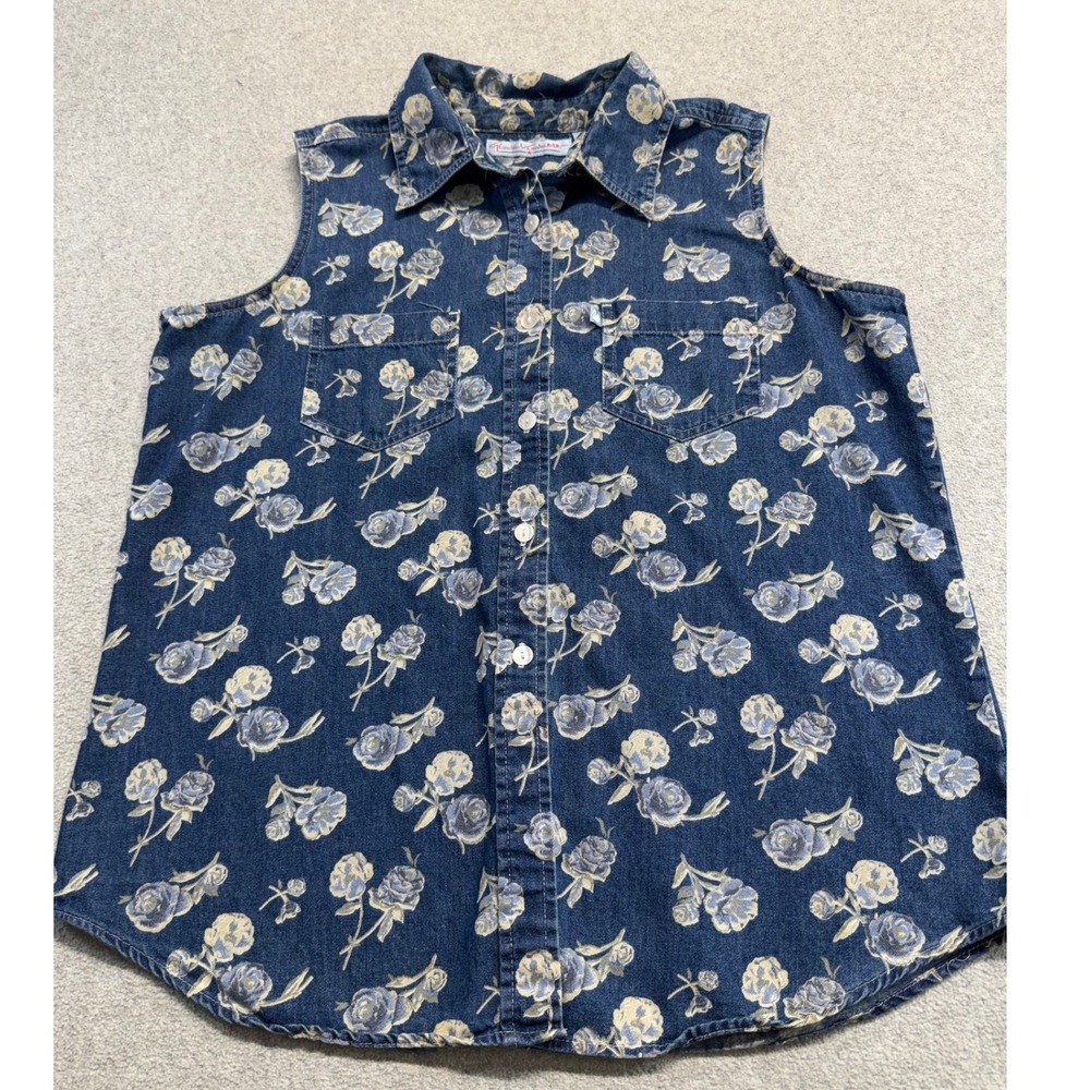 Gloria Vanderbilt Womens L Floral Denim Sleeveless Button Up Shirt Roses Cotton